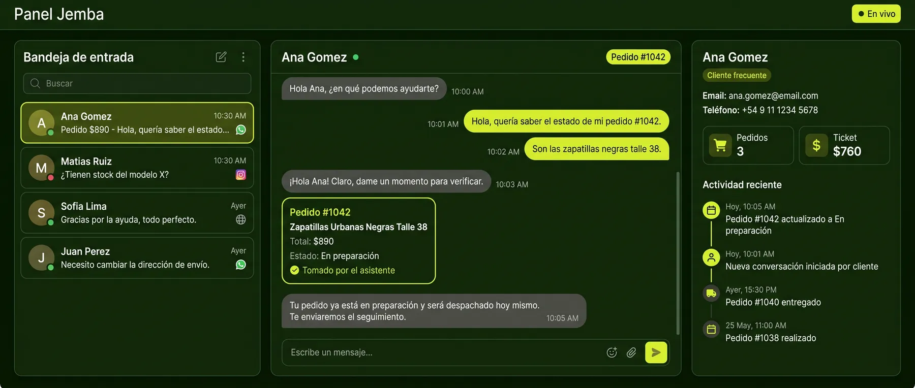 Panel de control Jemba: bandeja, chat y ficha de cliente